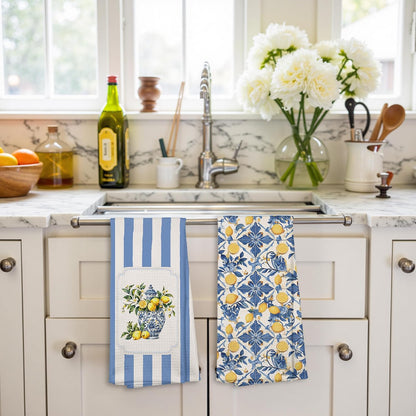 Mediterranean Sicilian Lemon Kitchen Towels 16x24 Set of 2, Chinoiserie Blueberry Lemon Tea Dish Towels for Kitchen Decor,Blue and White Striped Fruit Hand Towel Bathroom Decor