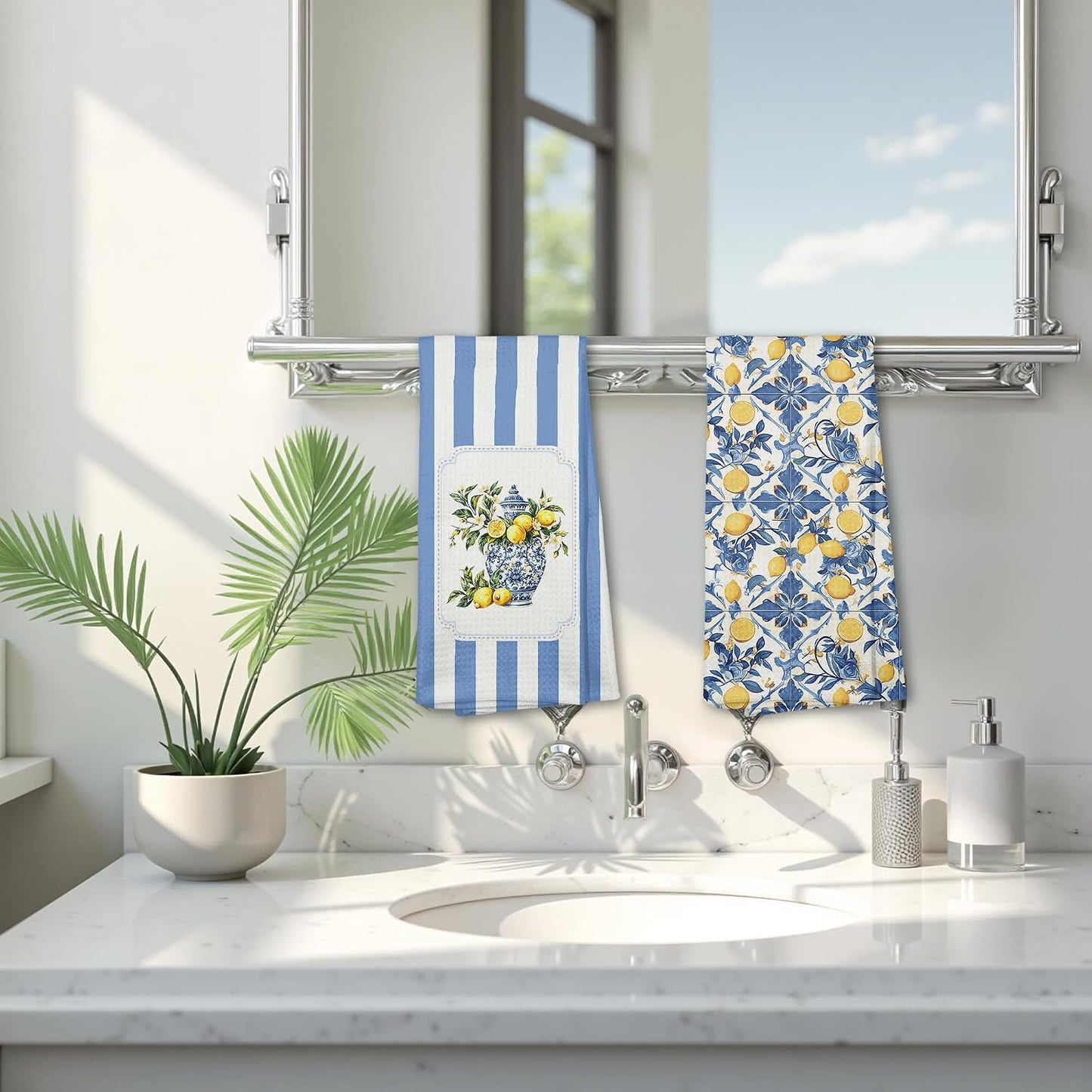 Mediterranean Sicilian Lemon Kitchen Towels 16x24 Set of 2, Chinoiserie Blueberry Lemon Tea Dish Towels for Kitchen Decor,Blue and White Striped Fruit Hand Towel Bathroom Decor