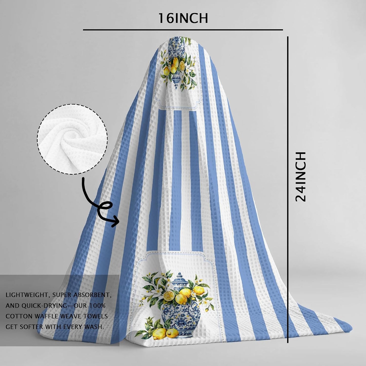 Mediterranean Sicilian Lemon Kitchen Towels 16x24 Set of 2, Chinoiserie Blueberry Lemon Tea Dish Towels for Kitchen Decor,Blue and White Striped Fruit Hand Towel Bathroom Decor