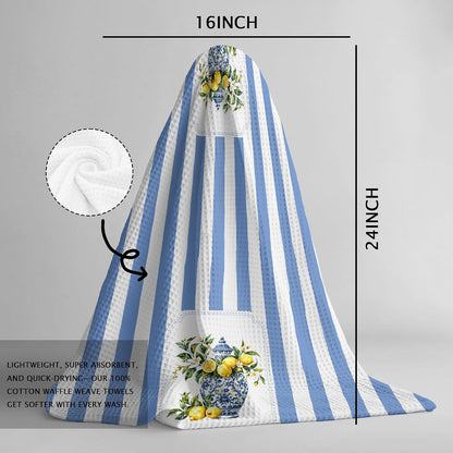 Mediterranean Sicilian Lemon Kitchen Towels 16x24 Set of 2, Chinoiserie Blueberry Lemon Tea Dish Towels for Kitchen Decor,Blue and White Striped Fruit Hand Towel Bathroom Decor