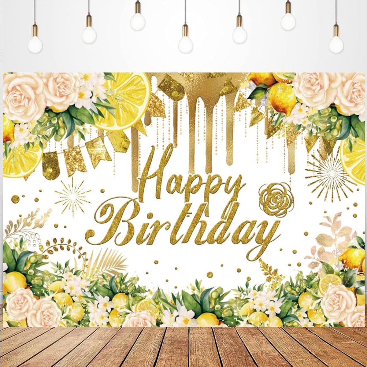 Lemon Happy Birthday Background for Photography Lemon Bridal Shower Decorations Summer Gold Glitter Yellow Floral Wedding Engagement Backdrop Lemonade Miss to Mrs Background (7X5FT)