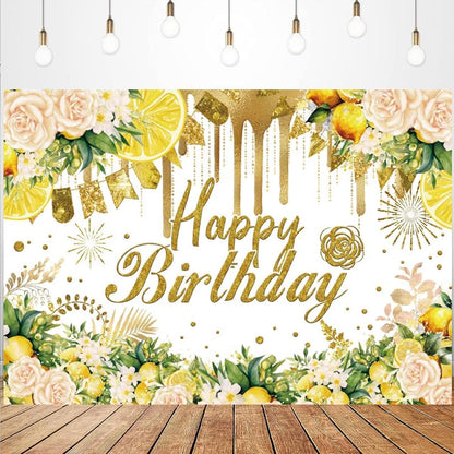 Lemon Happy Birthday Background for Photography Lemon Bridal Shower Decorations Summer Gold Glitter Yellow Floral Wedding Engagement Backdrop Lemonade Miss to Mrs Background (7X5FT)