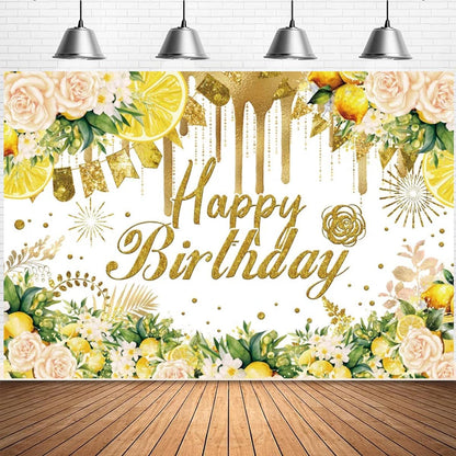 Lemon Happy Birthday Background for Photography Lemon Bridal Shower Decorations Summer Gold Glitter Yellow Floral Wedding Engagement Backdrop Lemonade Miss to Mrs Background (7X5FT)