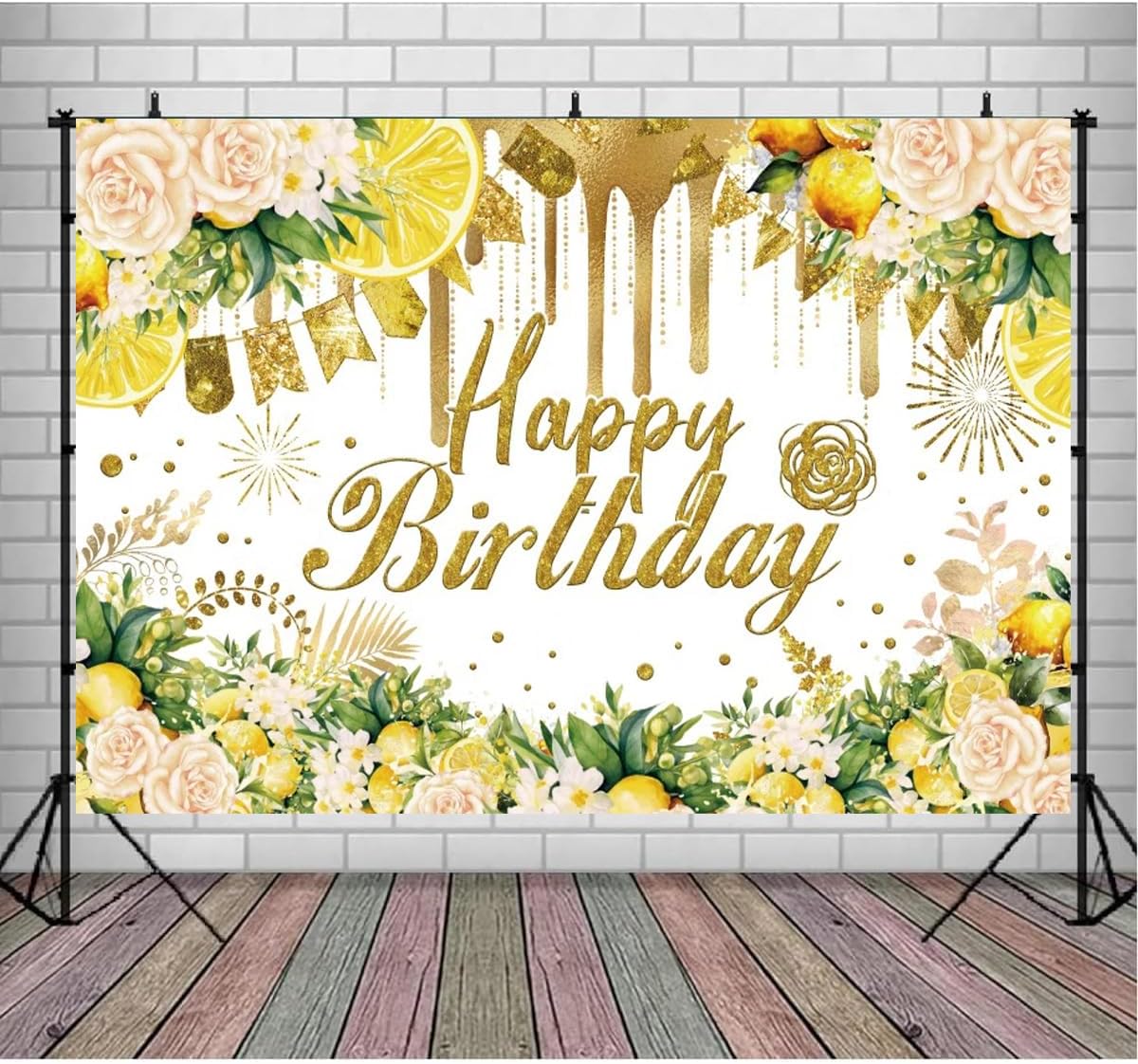 Lemon Happy Birthday Background for Photography Lemon Bridal Shower Decorations Summer Gold Glitter Yellow Floral Wedding Engagement Backdrop Lemonade Miss to Mrs Background (7X5FT)
