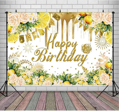 Lemon Happy Birthday Background for Photography Lemon Bridal Shower Decorations Summer Gold Glitter Yellow Floral Wedding Engagement Backdrop Lemonade Miss to Mrs Background (7X5FT)