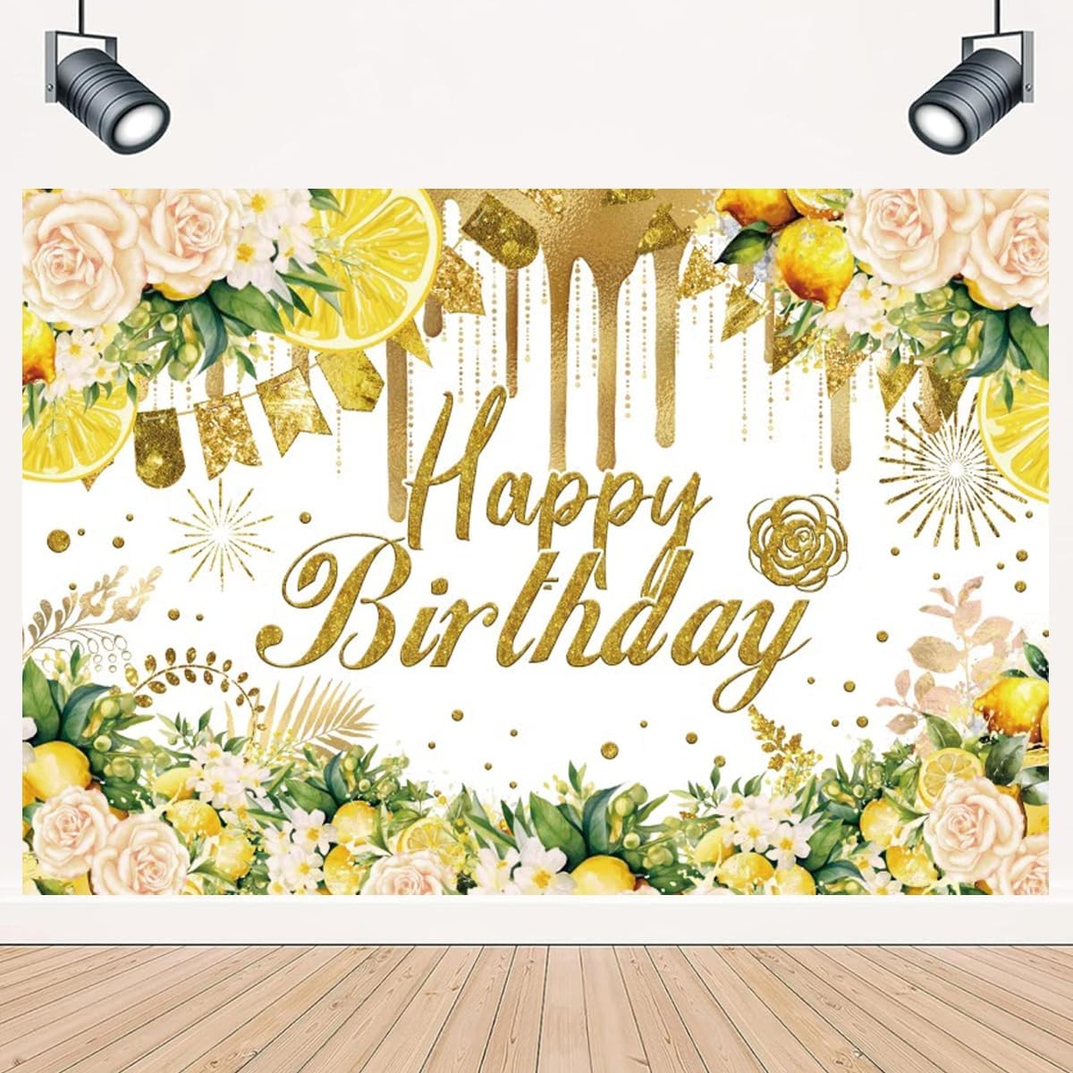 Lemon Happy Birthday Background for Photography Lemon Bridal Shower Decorations Summer Gold Glitter Yellow Floral Wedding Engagement Backdrop Lemonade Miss to Mrs Background (7X5FT)