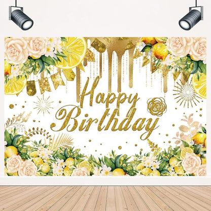 Lemon Happy Birthday Background for Photography Lemon Bridal Shower Decorations Summer Gold Glitter Yellow Floral Wedding Engagement Backdrop Lemonade Miss to Mrs Background (7X5FT)