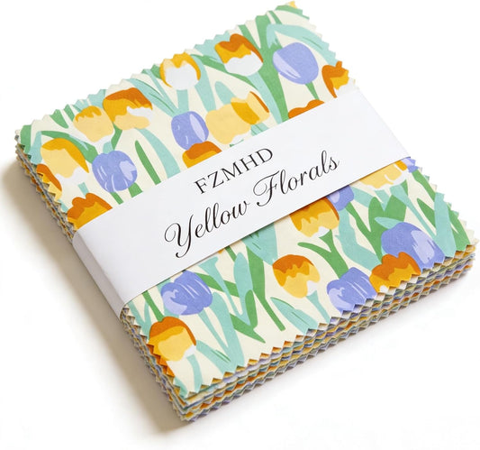 5x5 inch Yellow Floral Precut Fabric Squares - 42 pcs 100% Cotton Quilt Squares for Quilting, Home Decor & Handmade Craft Projects