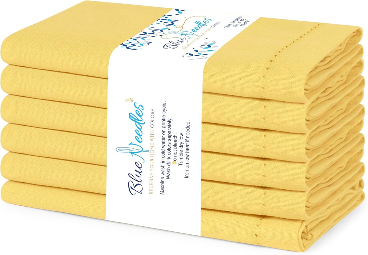 Set of 6 Hemstitch Linen Napkins 100% Cotton Lemon Yellow Cloth Dinner Napkins 18x18 inches - Spring Summer Easter - Soft, Reusable, Absorbent, Washable, Ideal for Parties & Everyday Use