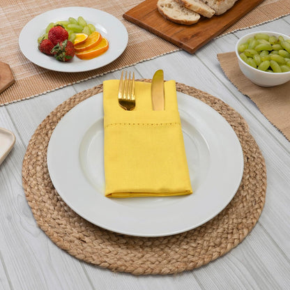 Set of 6 Hemstitch Linen Napkins 100% Cotton Lemon Yellow Cloth Dinner Napkins 18x18 inches - Spring Summer Easter - Soft, Reusable, Absorbent, Washable, Ideal for Parties & Everyday Use