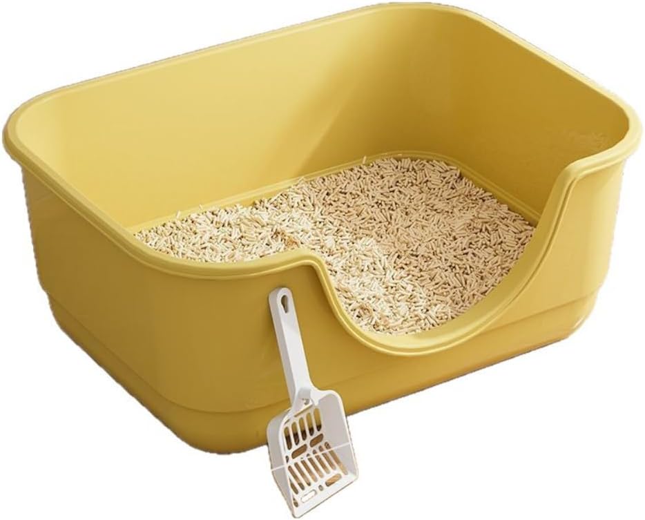 Semi Enclosed Cat Litter Box with High Sides & Low Entry, Anti-Splashing Kitty Litter Pan for Indoor Cats, Easy to Clean & Tool-Free Assembly, Large Litter Box for Big Cats(Yellow)
