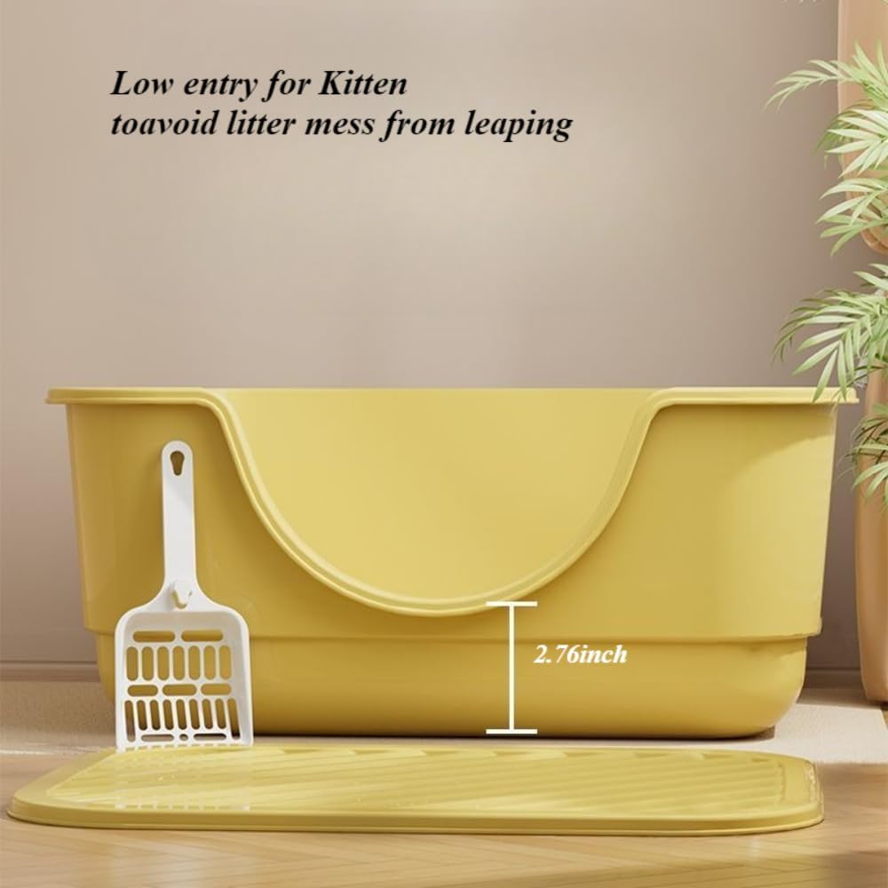 Semi Enclosed Cat Litter Box with High Sides & Low Entry, Anti-Splashing Kitty Litter Pan for Indoor Cats, Easy to Clean & Tool-Free Assembly, Large Litter Box for Big Cats(Yellow)