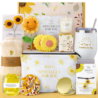 Gift Baskets for Women, Mothers Day Gifts for Friends, Yellow Birthday Valentines Women Day Easter Present Sunflower Care Package Spa Basket for Girlfriend Wife Mom Sister