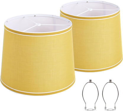 Lamp Shades Set of 2, Drum Lampshades, Lampshade 10 Inches Height, Lampshades for Table Lamp, Floor Lamp, Pendant Light, Yellow & White, Lamp Shade Harp Holder Included