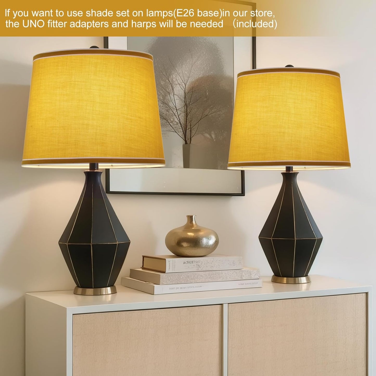 Lamp Shades Set of 2, Drum Lampshades, Lampshade 10 Inches Height, Lampshades for Table Lamp, Floor Lamp, Pendant Light, Yellow & White, Lamp Shade Harp Holder Included