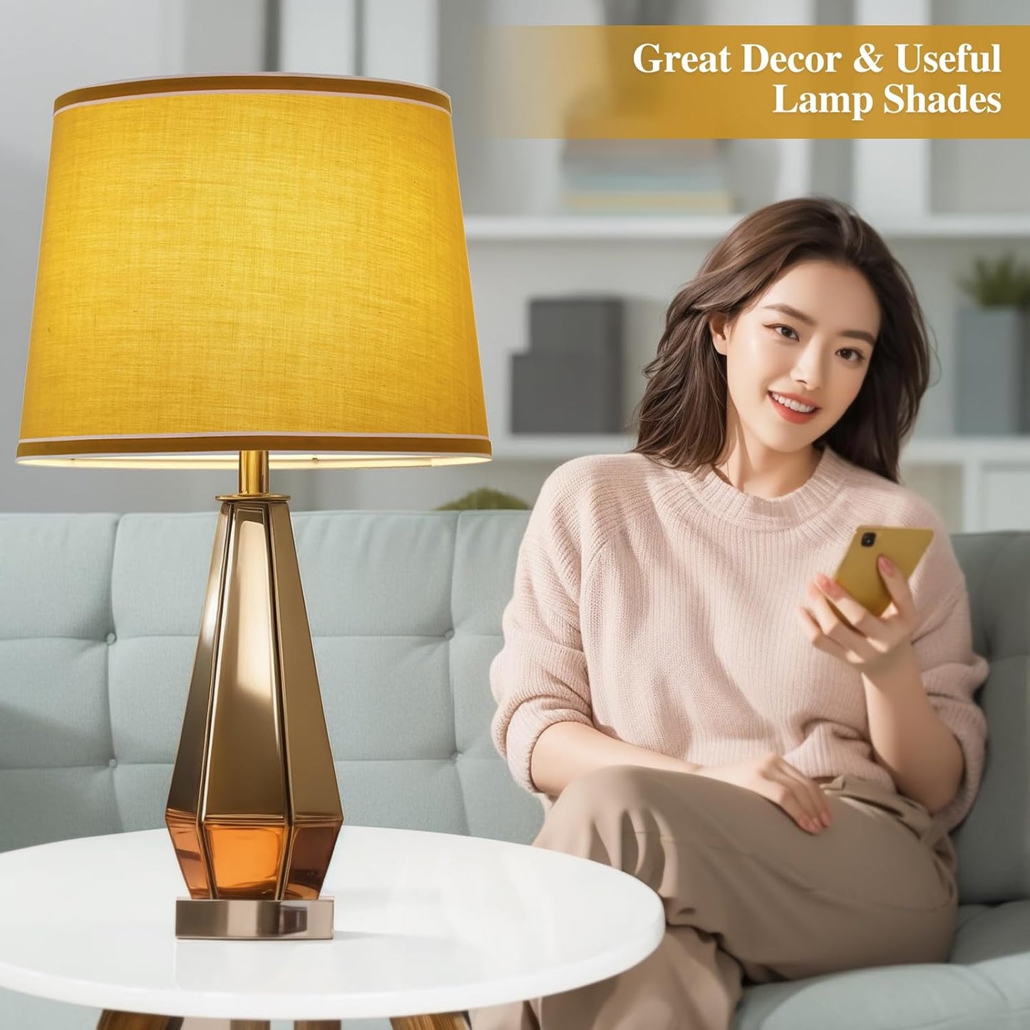 Lamp Shades Set of 2, Drum Lampshades, Lampshade 10 Inches Height, Lampshades for Table Lamp, Floor Lamp, Pendant Light, Yellow & White, Lamp Shade Harp Holder Included