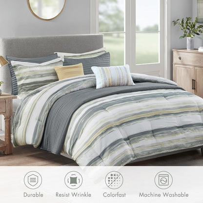 Marina Comforter Quilt Combo Set - Modern Luxury Design, All Season Down Alternative Bedding, Matching Shams, Decorative Pillows, Full/Queen(90"x90"), Yellow 8 Piece