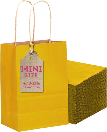 24 Pcs Bright Yellow Mini Paper Gift Bags with Handles 6"x4.5"x2.5" Small Brown Kraft Party Favor Bags Multiple Uses (Mini size)