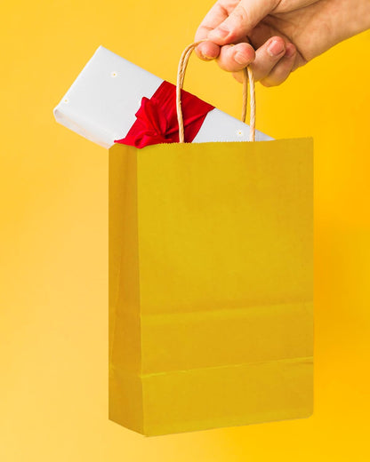24 Pcs Bright Yellow Mini Paper Gift Bags with Handles 6"x4.5"x2.5" Small Brown Kraft Party Favor Bags Multiple Uses (Mini size)