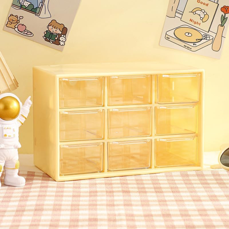 Desk Organizers Box with 9 Compartments – Plastic Desktop Drawer Storage Box, Storing Organizer for Hardware, Beads, Makeup, Office, and Craft Storagew(Yellow)
