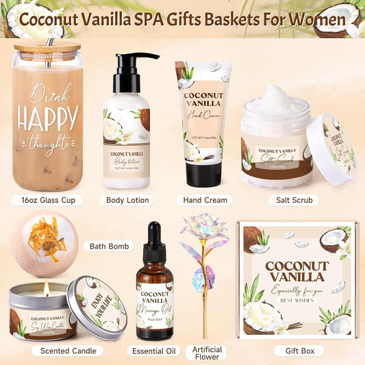 Birthday Gifts for Women, Relaxing Spa Gift Baskets for Women, Warm Vanilla Self Care Package Gifts, Mothers Day Bath and Body Inspirational Gift Set for Mom, Her, Wife, Best Friend, Sister, Coworker