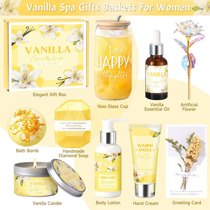 Birthday Gifts for Women, Relaxing Spa Gift Baskets for Women, Warm Vanilla Self Care Package Gifts, Mothers Day Bath and Body Inspirational Gift Set for Mom, Her, Wife, Best Friend, Sister, Coworker
