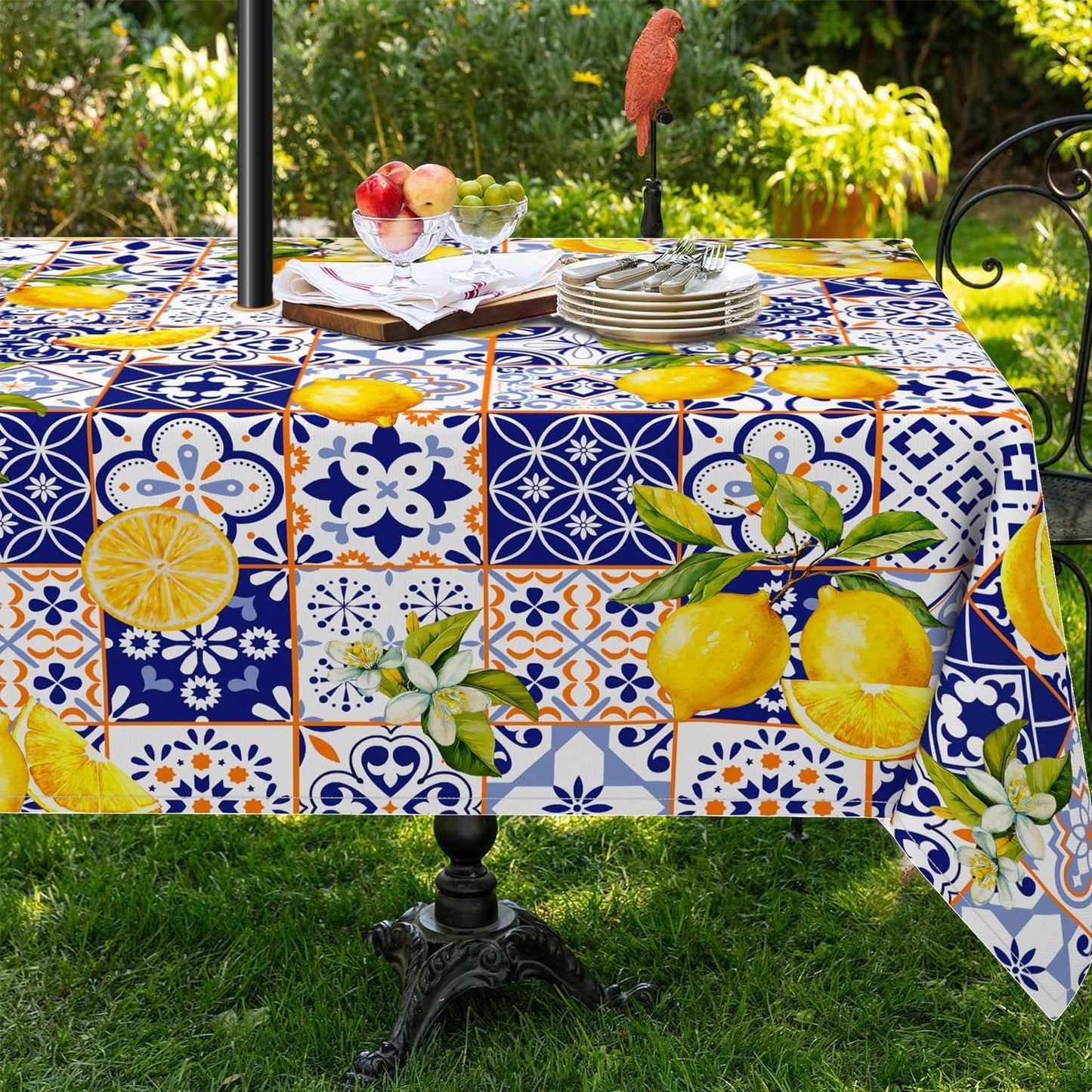 Outdoor Tablecloth With Umbrella Hole 60x84inch,french Lemon Blossom Spring Summer Zipper Tablecloth, Waterproof Wrinkle-Resistant Washable Rectangular Tablecloth for Picnics, Party, Camping and BBQ