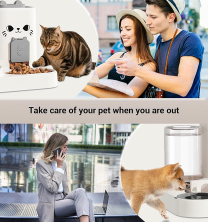 Gravity Cat Feeder, 2-in-1 Gravity Cat Food and Water Dispenser, Small Food Water Dispenser Set with Funny Cat Stick for Small Pets Cats Dogs Puppy Kitten, Easy to Clean
