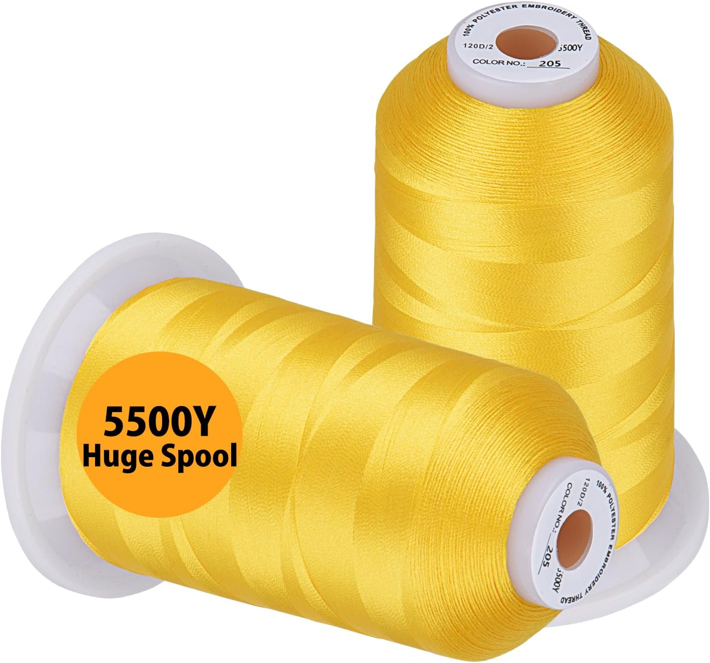 Embroidery Thread 5500 Yards Yellow 205, 2 Huge Spools 40wt Polyester for Brother, Babylock, Janome, Singer, Pfaff, Husqvarna, Bernina Machine