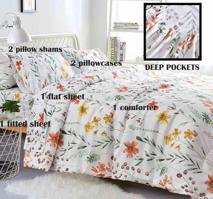 7 Pcs Queen Size Comforter Set with Sheets, White Yellow Floral, Green Leaf Pattern Print Reversible Down Alternative Bed Sets - 90x90 Soft Microfiber Duvet Farmhouse Bedding in a Bag for Women Men