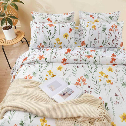 7 Pcs Queen Size Comforter Set with Sheets, White Yellow Floral, Green Leaf Pattern Print Reversible Down Alternative Bed Sets - 90x90 Soft Microfiber Duvet Farmhouse Bedding in a Bag for Women Men