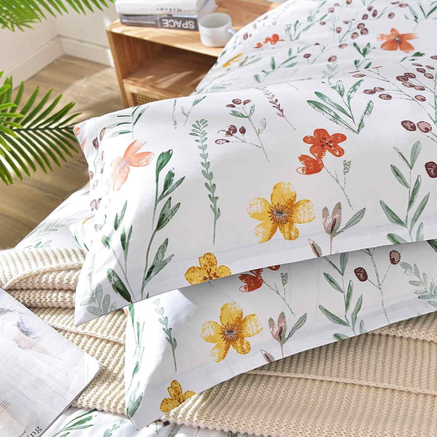7 Pcs Queen Size Comforter Set with Sheets, White Yellow Floral, Green Leaf Pattern Print Reversible Down Alternative Bed Sets - 90x90 Soft Microfiber Duvet Farmhouse Bedding in a Bag for Women Men