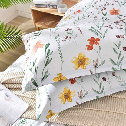 7 Pcs Queen Size Comforter Set with Sheets, White Yellow Floral, Green Leaf Pattern Print Reversible Down Alternative Bed Sets - 90x90 Soft Microfiber Duvet Farmhouse Bedding in a Bag for Women Men