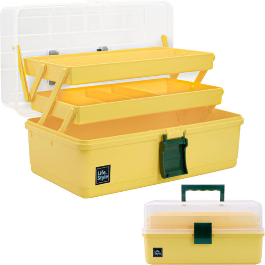 13 inch Art Craft Organizer Storage Box with 3 Layer, Multipurpose Plastic Tool Box with Handle for Sewing, Art Supply, Medicine, Nail, Hair Accessories (Yellow)