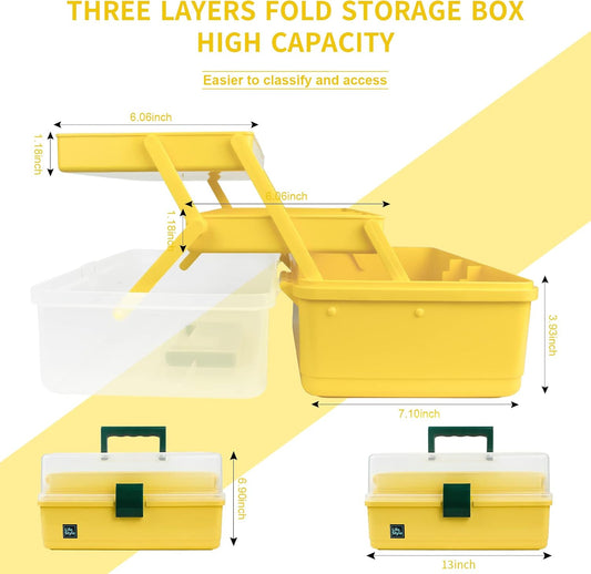 13 inch Art Craft Organizer Storage Box with 3 Layer, Multipurpose Plastic Tool Box with Handle for Sewing, Art Supply, Medicine, Nail, Hair Accessories (Yellow)