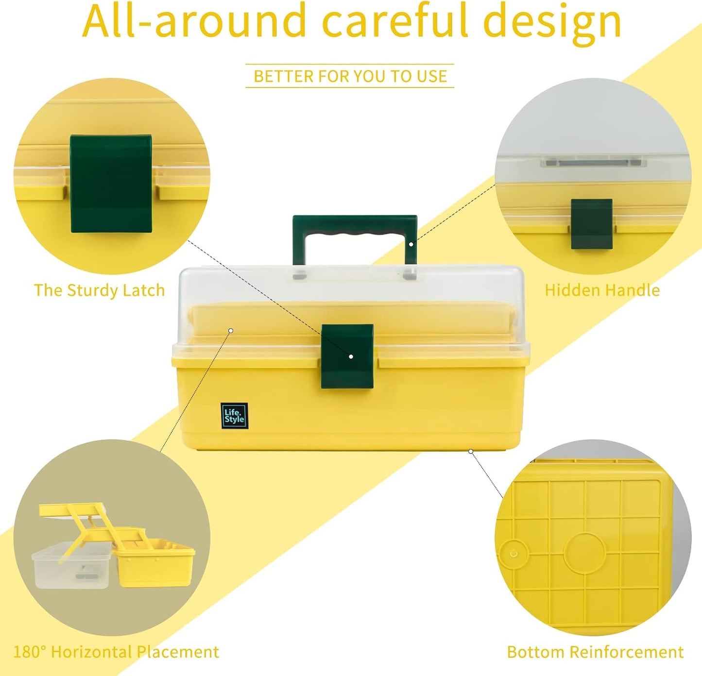 13 inch Art Craft Organizer Storage Box with 3 Layer, Multipurpose Plastic Tool Box with Handle for Sewing, Art Supply, Medicine, Nail, Hair Accessories (Yellow)