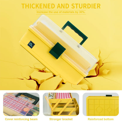 13 inch Art Craft Organizer Storage Box with 3 Layer, Multipurpose Plastic Tool Box with Handle for Sewing, Art Supply, Medicine, Nail, Hair Accessories (Yellow)