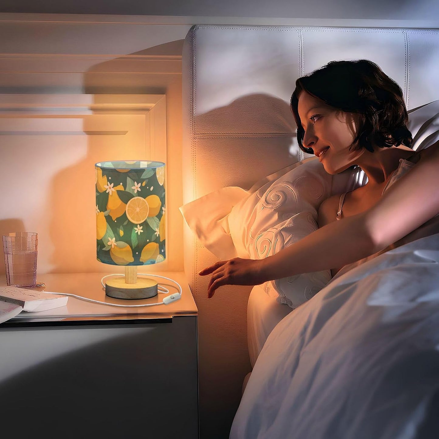 Bedside Table Lamp Lemon Yellow Citrus Fruits (87) Kids Nightstand Lamp Night Light Fabric Shade for Bedroom Living Room Home Office