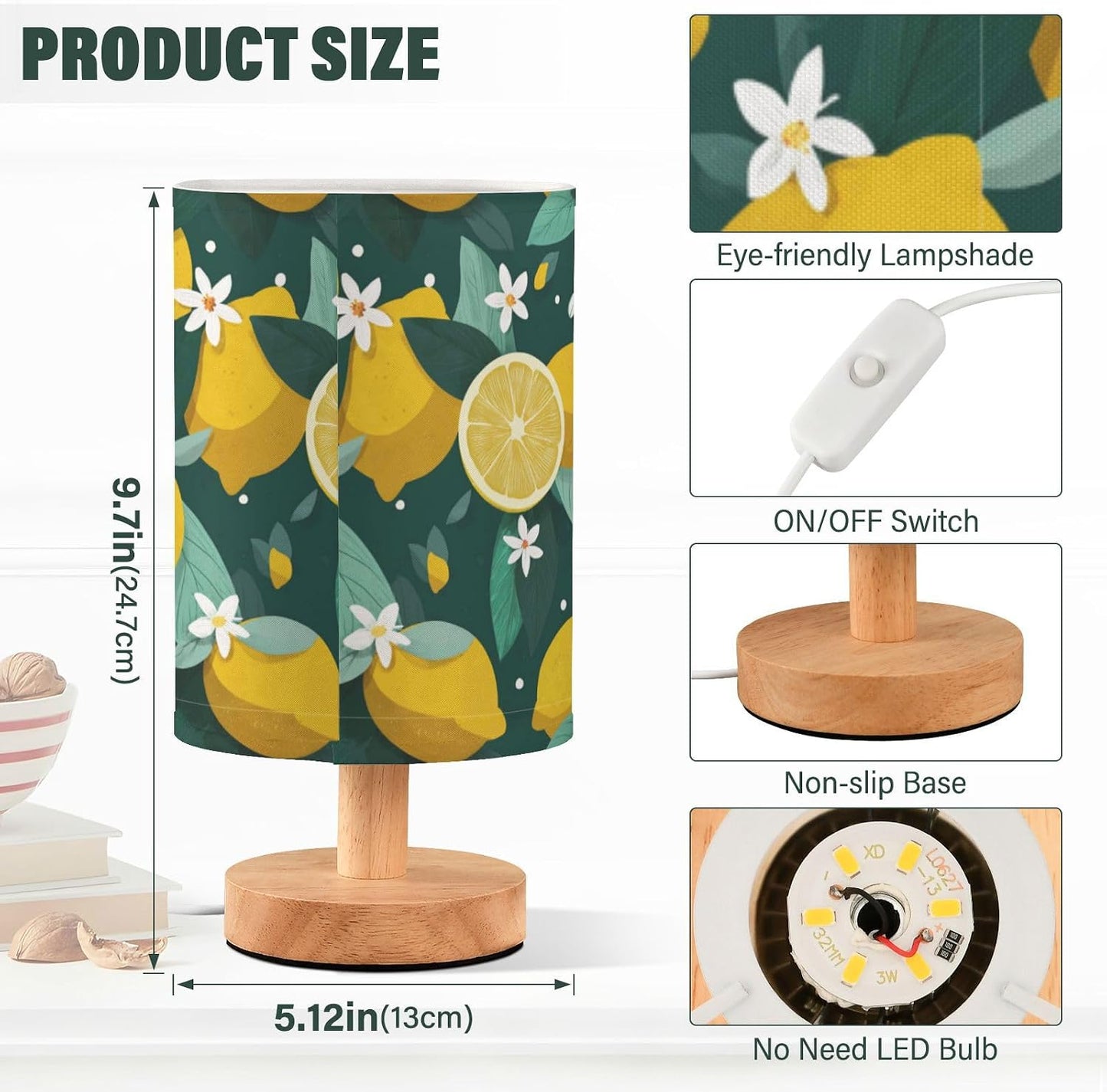 Bedside Table Lamp Lemon Yellow Citrus Fruits (87) Kids Nightstand Lamp Night Light Fabric Shade for Bedroom Living Room Home Office
