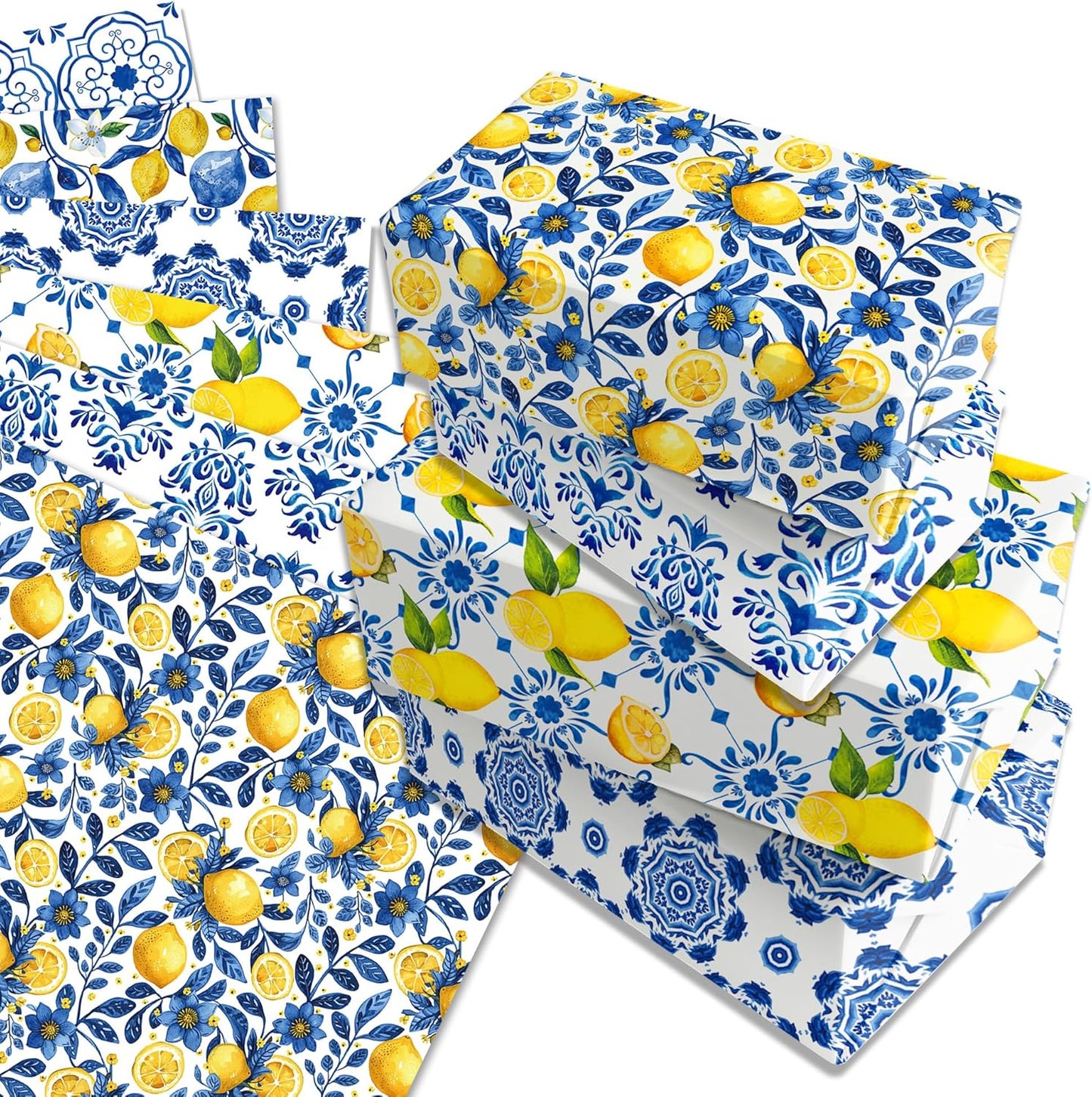 12sheets Blue and White Porcelain Lemon Wrapping Paper Chinoiserie Lemon Pattern Gift Wrap Packing Paper for Holiday Birthday Wedding Party DIY Gift Decorative Paper Supplies
