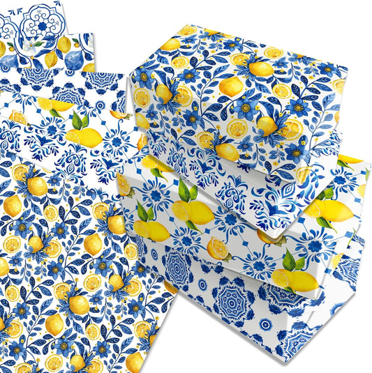 12sheets Blue and White Porcelain Lemon Wrapping Paper Chinoiserie Lemon Pattern Gift Wrap Packing Paper for Holiday Birthday Wedding Party DIY Gift Decorative Paper Supplies