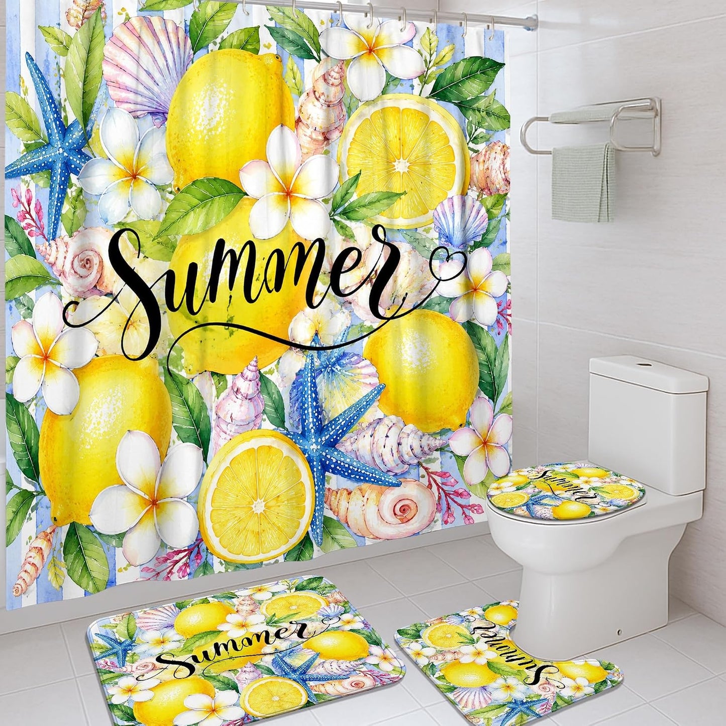 Lemon Shower Curtain Sets, Summer Tropical Starfish Seashell Summer Yellow Waterproof Fabric Bathroom Sets with Shower Curtain and Rugs for Bath Bathtub Apartment Decor 72x72 Inch