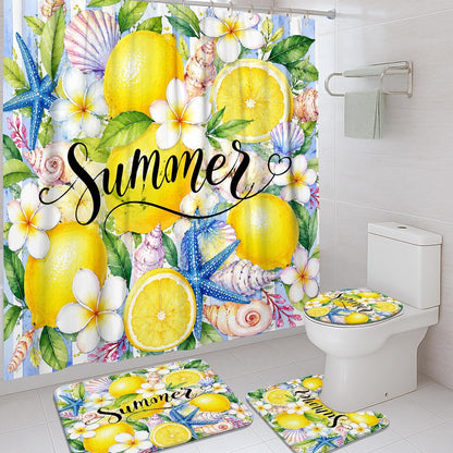 Lemon Shower Curtain Sets, Summer Tropical Starfish Seashell Summer Yellow Waterproof Fabric Bathroom Sets with Shower Curtain and Rugs for Bath Bathtub Apartment Decor 72x72 Inch