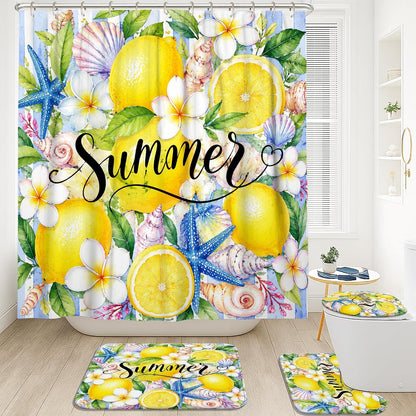 Lemon Shower Curtain Sets, Summer Tropical Starfish Seashell Summer Yellow Waterproof Fabric Bathroom Sets with Shower Curtain and Rugs for Bath Bathtub Apartment Decor 72x72 Inch