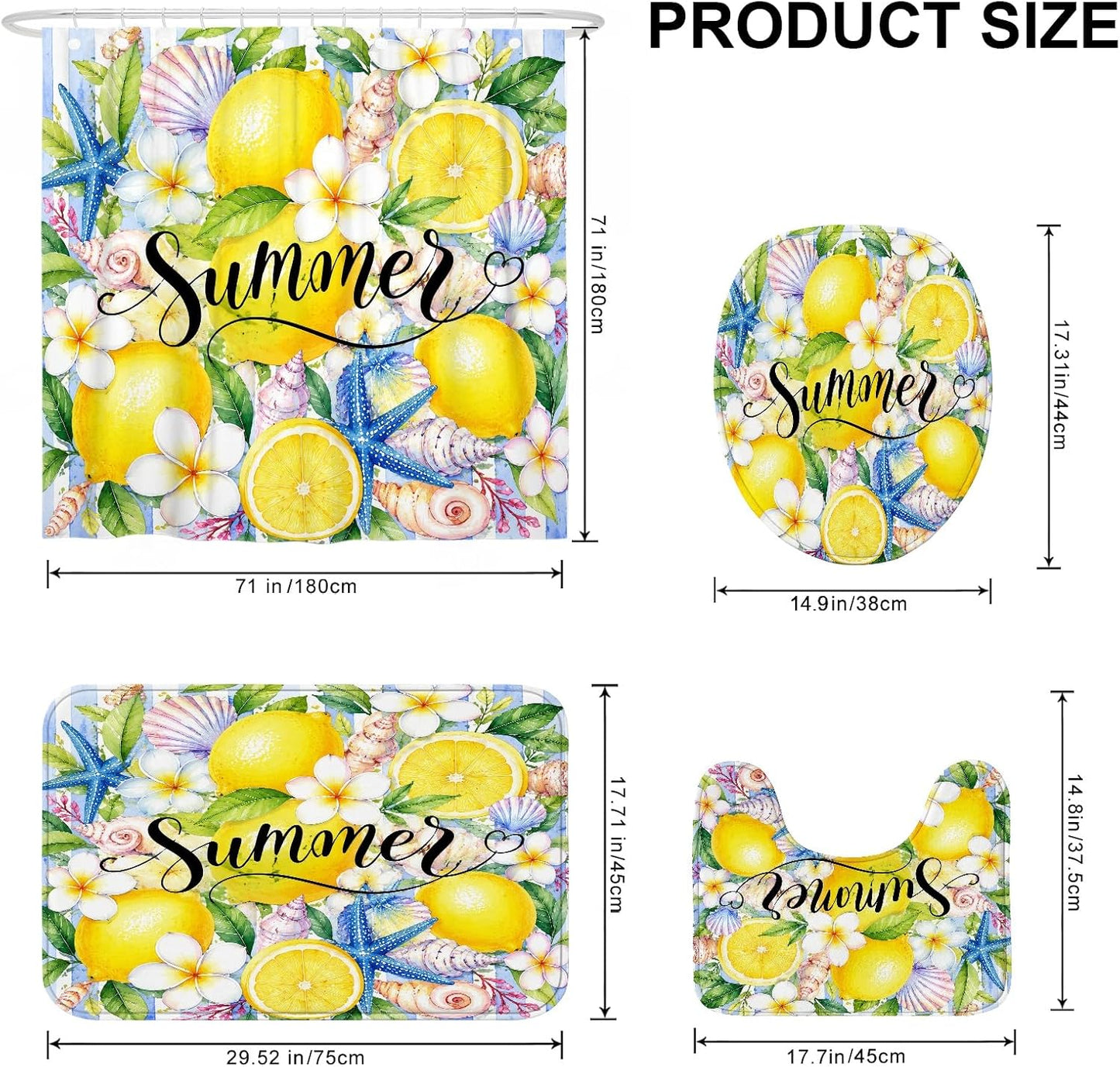 Lemon Shower Curtain Sets, Summer Tropical Starfish Seashell Summer Yellow Waterproof Fabric Bathroom Sets with Shower Curtain and Rugs for Bath Bathtub Apartment Decor 72x72 Inch