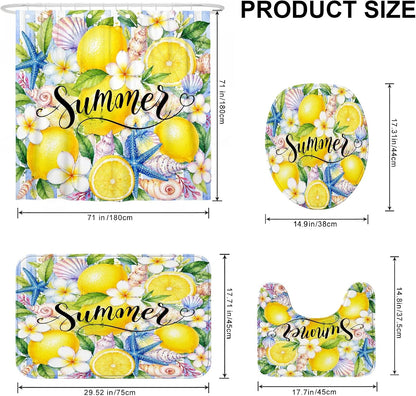 Lemon Shower Curtain Sets, Summer Tropical Starfish Seashell Summer Yellow Waterproof Fabric Bathroom Sets with Shower Curtain and Rugs for Bath Bathtub Apartment Decor 72x72 Inch