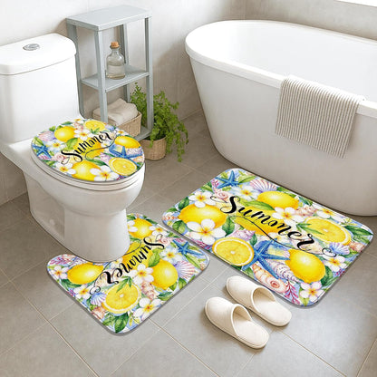 Lemon Shower Curtain Sets, Summer Tropical Starfish Seashell Summer Yellow Waterproof Fabric Bathroom Sets with Shower Curtain and Rugs for Bath Bathtub Apartment Decor 72x72 Inch