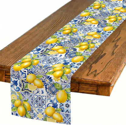 Lemon Table Runner 72 Inches Long, Linen Mediterranean Blue Tile and Yellow Lemon Table Runner for Summer Kitchen Decor, Italian Sicilian Table Decor for Dining