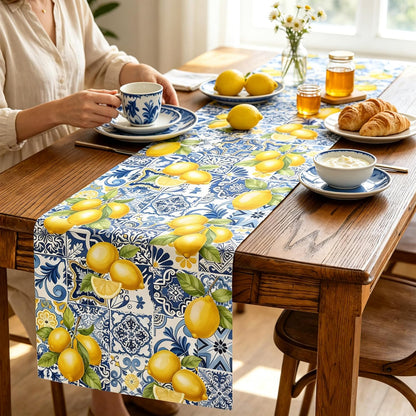 Lemon Table Runner 72 Inches Long, Linen Mediterranean Blue Tile and Yellow Lemon Table Runner for Summer Kitchen Decor, Italian Sicilian Table Decor for Dining