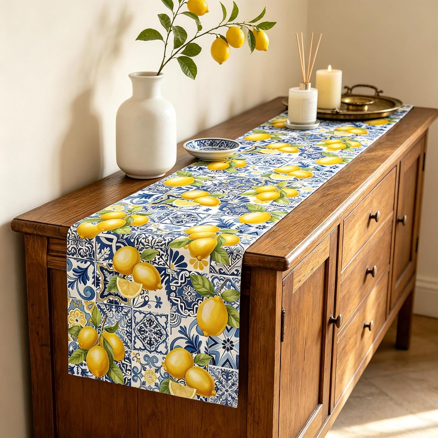 Lemon Table Runner 72 Inches Long, Linen Mediterranean Blue Tile and Yellow Lemon Table Runner for Summer Kitchen Decor, Italian Sicilian Table Decor for Dining